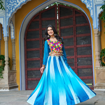 Prazu Fashion Multicolor Chinnon Pedding Kutchi Gamthi Embroidered Work Navratri Lehenga