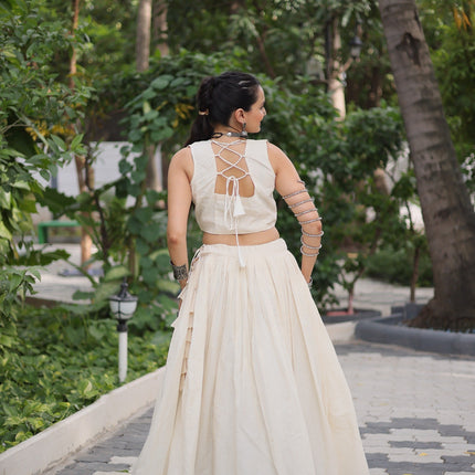 Prazu Fashion Off White Kora Cotton With Kutchi Gamthi Work Lehenga For Navratri