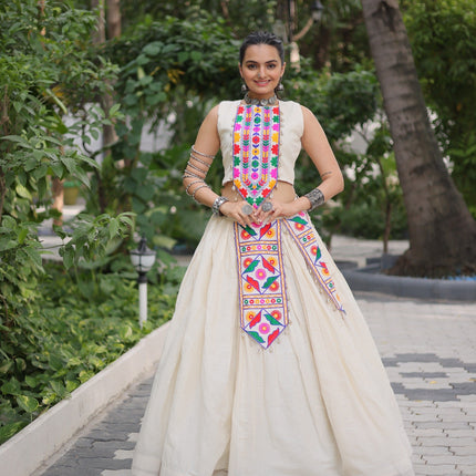 Prazu Fashion Off White Kora Cotton With Kutchi Gamthi Work Lehenga For Navratri