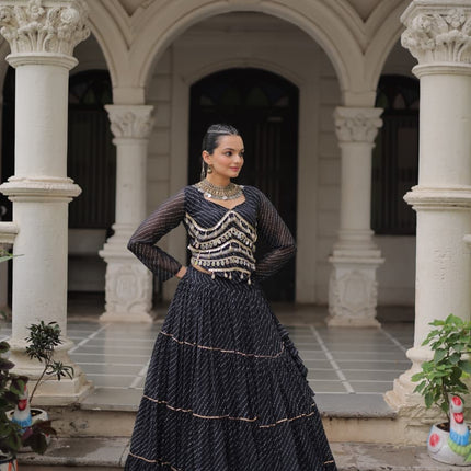 Prazu Fashion Black Georgette Leheriya Print Work With Mirror Lace Navratri Lehenga
