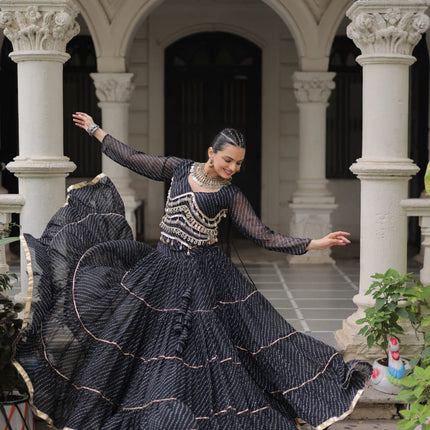 Prazu Fashion Black Georgette Leheriya Print Work With Mirror Lace Navratri Lehenga