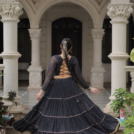 Prazu Fashion Black Georgette Leheriya Print Work With Mirror Lace Navratri Lehenga