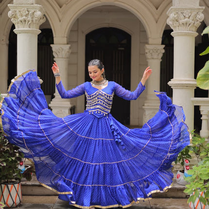Prazu Fashion Blue Georgette Leheriya Print Work With Mirror Lace Navratri Lehenga