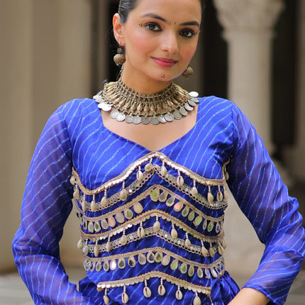 Prazu Fashion Blue Georgette Leheriya Print Work With Mirror Lace Navratri Lehenga