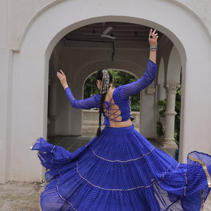 Prazu Fashion Blue Georgette Leheriya Print Work With Mirror Lace Navratri Lehenga