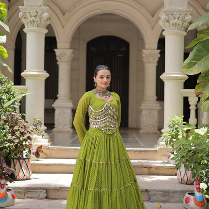 Prazu Fashion Mehendi Georgette Leheriya Print Work With Mirror Lace Navratri Lehenga