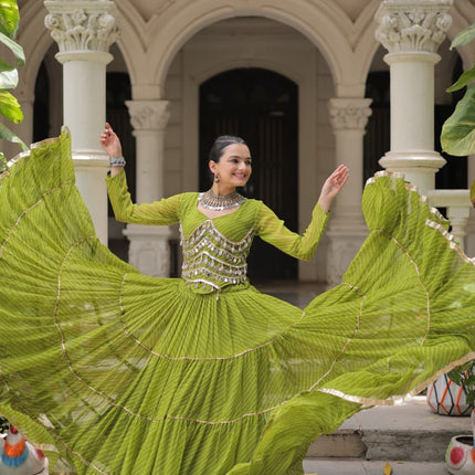 Prazu Fashion Mehendi Georgette Leheriya Print Work With Mirror Lace Navratri Lehenga