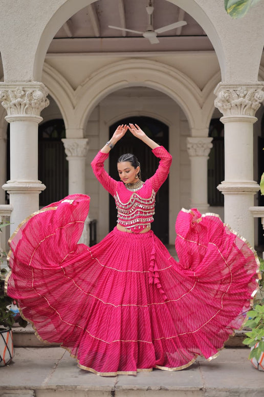 Prazu Fashion Pink Georgette Leheriya Print Work With Mirror Lace Navratri Lehenga