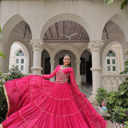 Prazu Fashion Pink Georgette Leheriya Print Work With Mirror Lace Navratri Lehenga