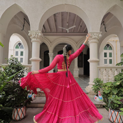 Prazu Fashion Pink Georgette Leheriya Print Work With Mirror Lace Navratri Lehenga