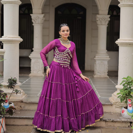 Prazu Fashion Purple Georgette Leheriya Print Work With Mirror Lace Navratri Lehenga