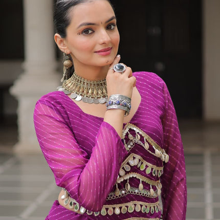 Prazu Fashion Purple Georgette Leheriya Print Work With Mirror Lace Navratri Lehenga