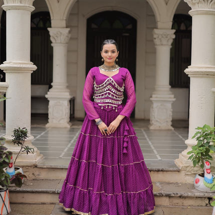 Prazu Fashion Purple Georgette Leheriya Print Work With Mirror Lace Navratri Lehenga