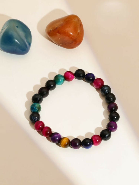 Red Carnelian, Lapis Lazuli, Amethyst and Green Avanturine Multicoloured Black Toned crystal bracelet - Ruby Raang