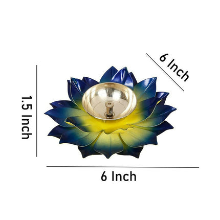 CraftVatika Blue Lotus Hand Painted Diya Metal