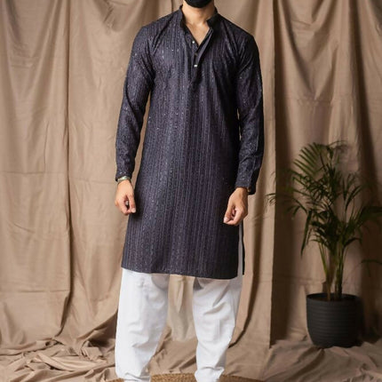 Dark Grey Rayon Thread Embroidery Work Kurta Set - Mahotsav