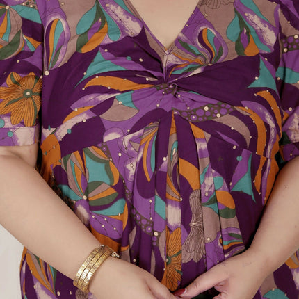 Miravan Womens Plus Size Floral Print Puff Sleeve Pure Cotton Magenta Butterfly Maxi Dress