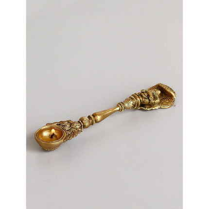 eCraftIndia Gold-Toned Ethnic Carved Brass Long Stick Diya with 1 Wick for Pooja Room
