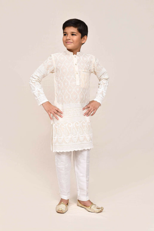 Joban Fashion Cotton Based With Thread & Sequence Work Cream Kurta With Straight Fit Pant