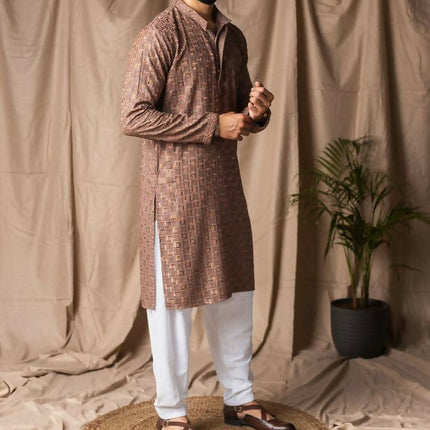 Brown Rayon Thread Embroidery Work Kurta Set - Mahotsav