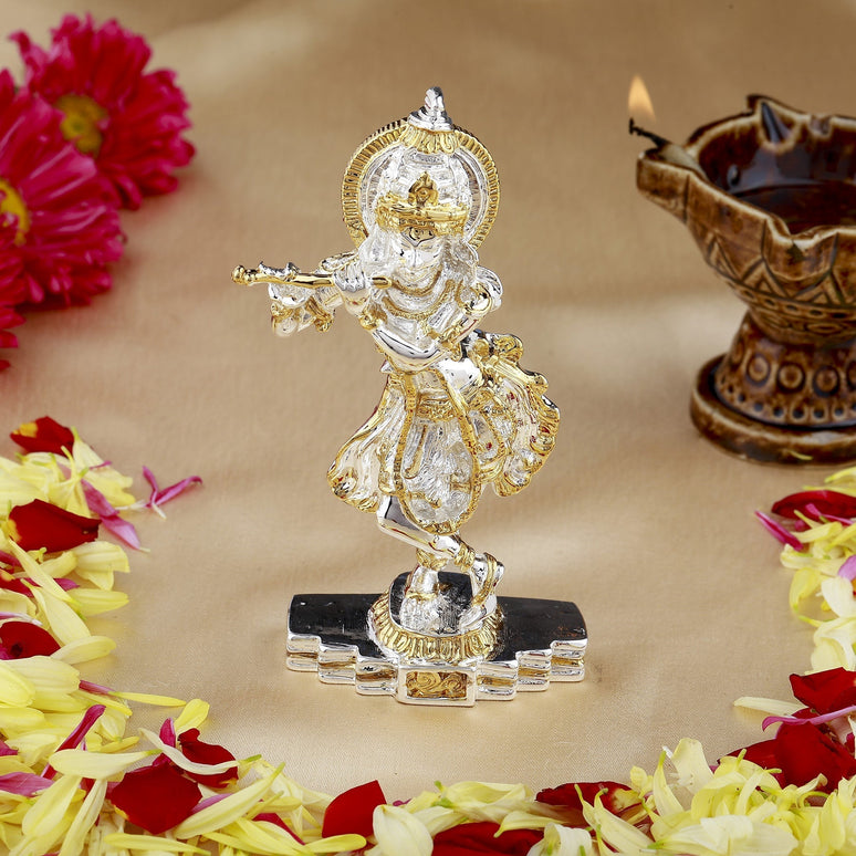 Estele Gold-Polished Playing flute Sri Krishna Idol for Home/Car decor