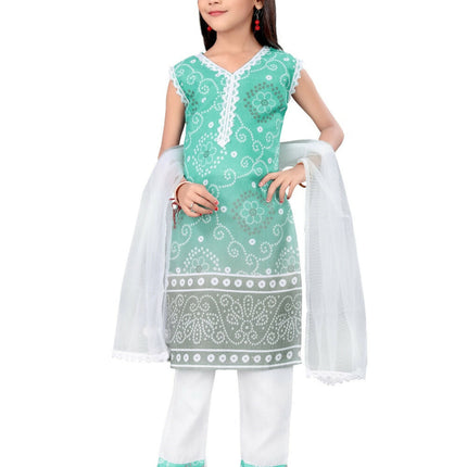 Divine Drape Girls Cotton Green Printed Straight Kids Kurta Pant With Dupatta