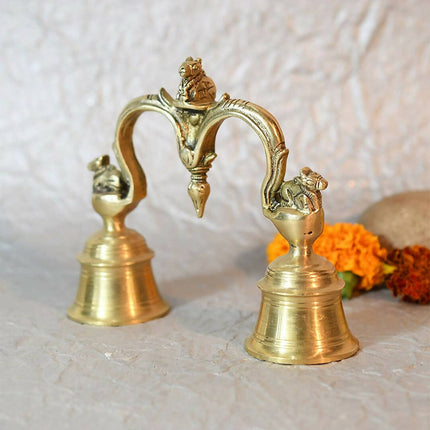 CraftVatika Gold-Toned Brass Hand Held With Nandi Sitting On Top Double Puja Bell