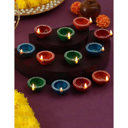 Tied Ribbons Red Blue Pack of 12 Handcrafted Terracotta Clay Oil Diya