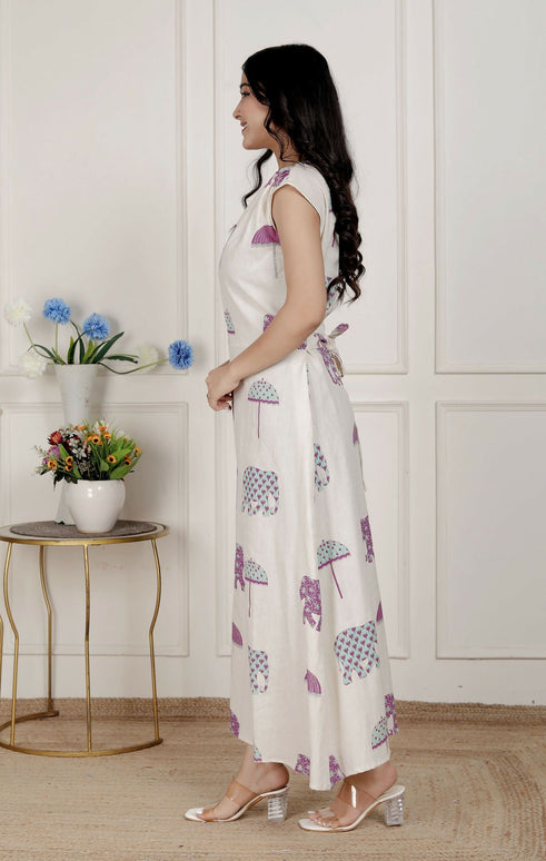 Miravan Womens Off-White Animal Printed Asymmetric Neck A-Line Maxi Dress