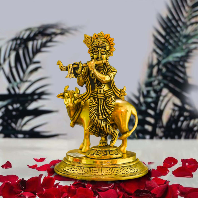 Gopala Krishna with Cow Brass Idol - Embrace Divine Abundance