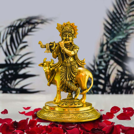Gopala Krishna with Cow Brass Idol - Embrace Divine Abundance