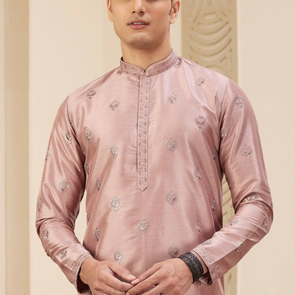 Raivat Ethnic Men's Art Silk Thread Work Kurta Pyjama In Cream Beige Colour