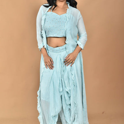 Morchari Women Hand Embroidery Crop Top-Sky