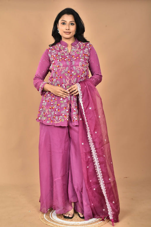 Morchari Women And Hand Embroidery Palazzo Set-Purple