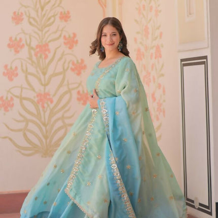 Aastha Fashion Sky Pedding Gold Organza Sequins-Multi & Zari Embroidered Work Party Wear Designer Gown