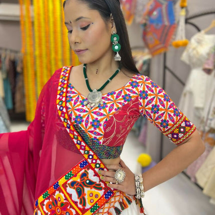 Aastha Fashion White Reyon Readymade Mirror Lace Semi Stitched Wedding Wear Lehenga Choli