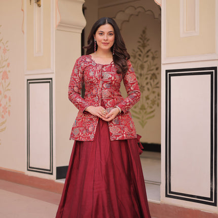 Lorenvalley Fashion Maroon Pure Simmer Vichitra Kali Pattern with Canvas Patta Lehenga Choli