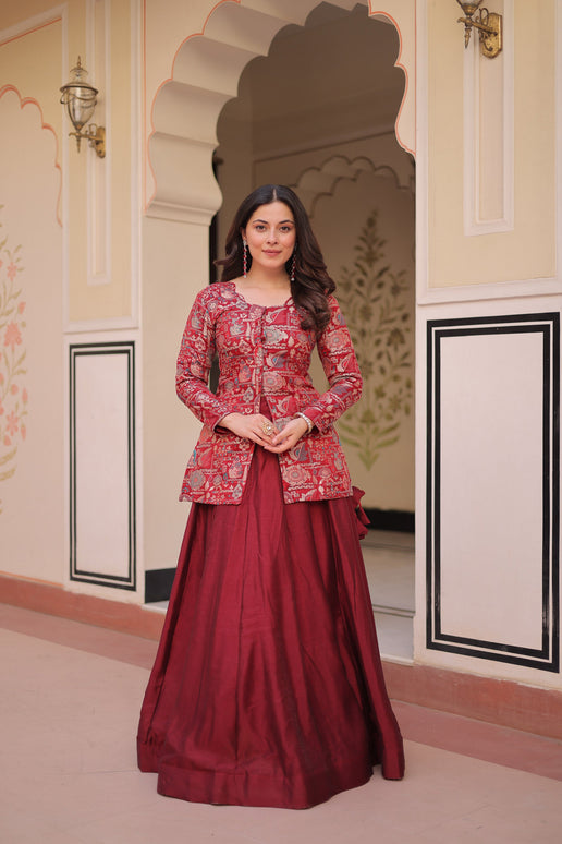 Lorenvalley Fashion Maroon Pure Simmer Vichitra Kali Pattern with Canvas Patta Lehenga Choli