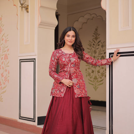 Lorenvalley Fashion Maroon Pure Simmer Vichitra Kali Pattern with Canvas Patta Lehenga Choli