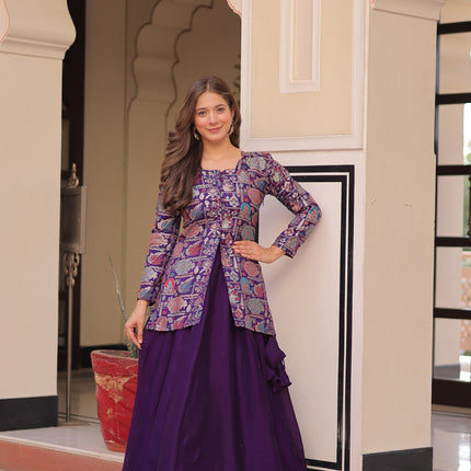 Lorenvalley Fashion Purple Pure Simmer Vichitra Kali Pattern with Canvas Patta Lehenga Choli