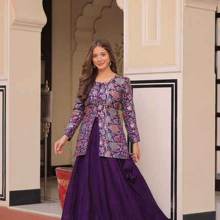 Lorenvalley Fashion Purple Pure Simmer Vichitra Kali Pattern with Canvas Patta Lehenga Choli