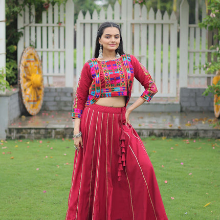 Lorenvalley Fashion Maroon Roman Silk with Attractive Gota-Patti Lace Lehenga Choli