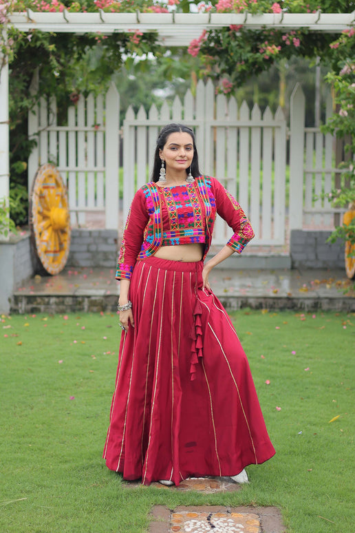 Lorenvalley Fashion Maroon Roman Silk with Attractive Gota-Patti Lace Lehenga Choli