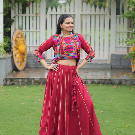 Lorenvalley Fashion Maroon Roman Silk with Attractive Gota-Patti Lace Lehenga Choli