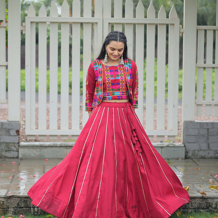 Lorenvalley Fashion Maroon Roman Silk with Attractive Gota-Patti Lace Lehenga Choli