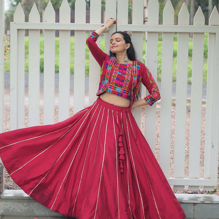 Lorenvalley Fashion Maroon Roman Silk with Attractive Gota-Patti Lace Lehenga Choli