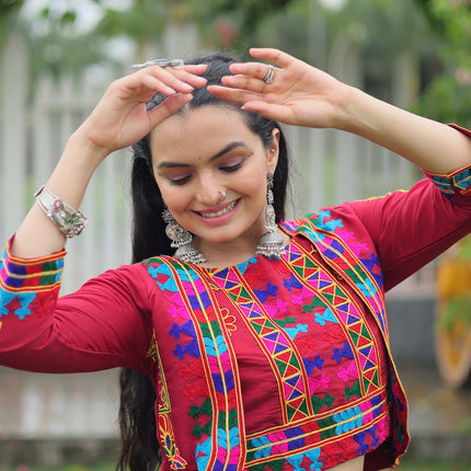 Lorenvalley Fashion Maroon Roman Silk with Attractive Gota-Patti Lace Lehenga Choli