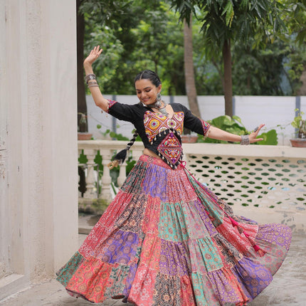 Prazu Fashion Black Kutchi Gamthi Embroidered Codi Lace Work Lehenga For Navratri