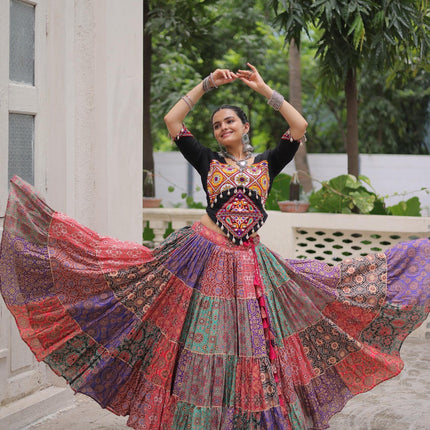 Prazu Fashion Black Kutchi Gamthi Embroidered Codi Lace Work Lehenga For Navratri