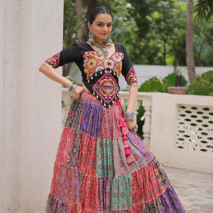 Prazu Fashion Black Kutchi Gamthi Embroidered Codi Lace Work Lehenga For Navratri